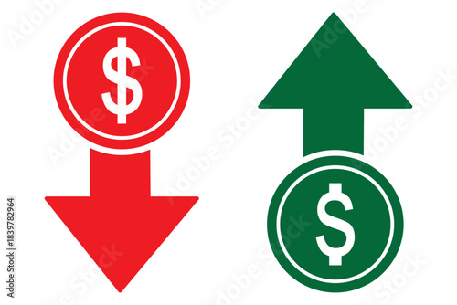 Dollar increase and decrease vector icons. Cost reduce increases and decreases icon set. profit and lose money vector icons.
