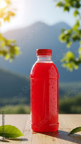 Fresh strawberry juice on a wooden table with mountain scenery and clear blue sky in the background vertical refreshing natural drink image