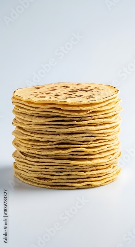 Tall stack of golden flatbreads rests on a clean white surface.