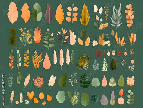 Set collection field meadow garden flowers and plants bunches in vertical arrangement, showcasing rustic botanical palette with textural variety, natural beauty and texture for artistic compositions