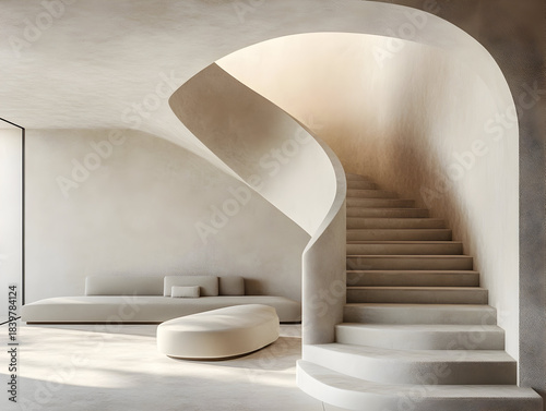 Bright sunlight illuminating minimalist white staircase inside contemporary living space, casting soft shadows and creating serene, open interior design environment
