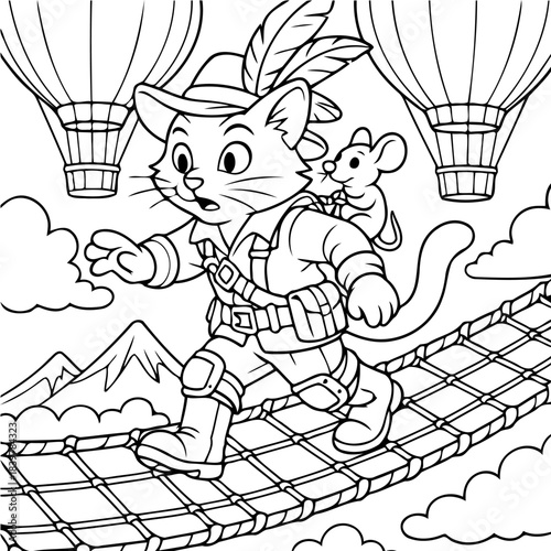 Cat Adventure on Rope Bridge: A heroic cat in adventure gear strides confidently across a rope bridge, a tiny mouse companion perched on its back.