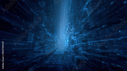 Technology cyberspace information datum glow tunnel blue neon grid line block digital motion blur depth abstract portal future energy flow network matrix data stream virtual city pulse