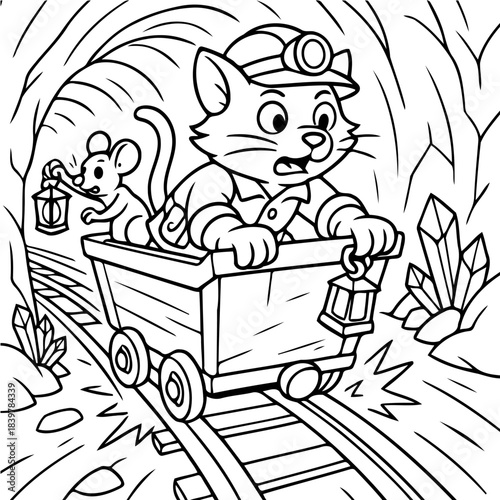 Cartoon Mine Adventure: A curious cat and a tiny mouse, on a daring mine expedition aboard a wooden trolley, lit by the enchanting glow of lanterns and surrounded by sparkling crystals.
