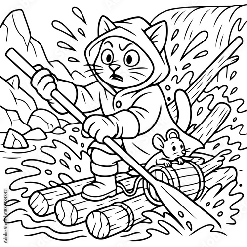 Adventures of Cat and Mouse: A daring feline, clad in a hooded cloak, steers a makeshift raft through turbulent waters, accompanied by a tiny mouse, embarking on an epic journey.