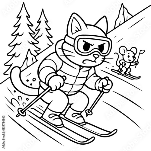 Skiing Cat's Downhill Dash: A determined feline, geared up and focused, carves down a snowy slope, with a mouse zipping past, in a thrilling winter sports scene. 