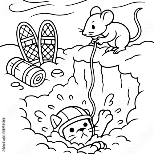 Mouse's Rescue Mission: A brave mouse extends a lifeline to a struggling kitten, amidst a rugged, snowy terrain with a pair of snowshoes. It's a whimsical illustration of courage and teamwork.