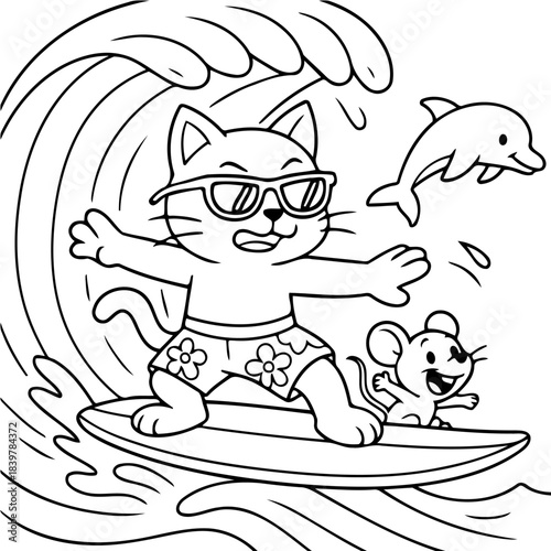 Surfing Cat Adventure: A playful cat with sunglasses effortlessly rides a cresting wave, joined by a cheerful mouse and a leaping dolphin, creating a scene of summer fun and coastal delight.