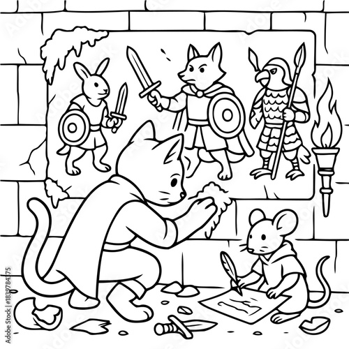 A Feline's Plan: A black and white illustration depicts a cat, engaged in strategic planning, with a mouse drafting notes, while a framed image showcases a heroic band.