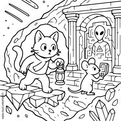 Celestial Adventure: An illustrated cat and mouse embark on a captivating quest within an otherworldly cave, encountering mysterious elements and secrets in their path.