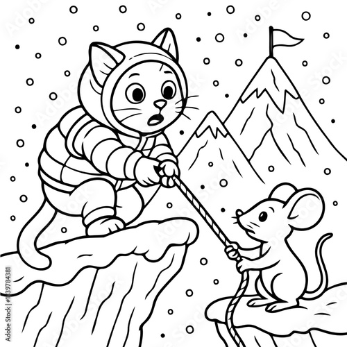 Winter Climb: A cat in warm attire helps a mouse climb up snowy mountain with flag on the top. The scene is filled with a sense of adventure and teamwork against the backdrop of a wintry landscape.