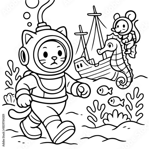 Underwater Adventure: A cartoon cat in a diving suit and a mouse ride a seahorse alongside a sunken ship, discovering the wonders of the deep sea. 