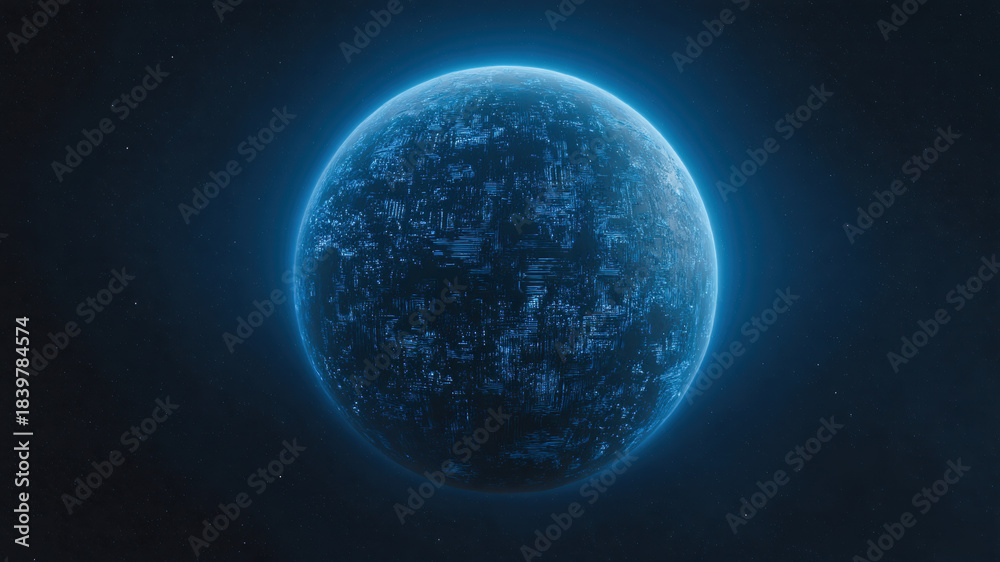 Fototapeta premium Glowing planet blue sphere digital grid sci fi cyber world night sky space futuristic technology cyberspace information datum pulses evoke wonder in serene cosmic scene
