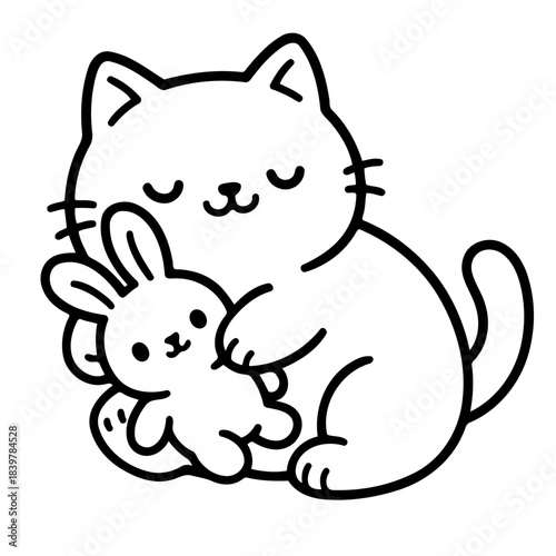 Whimsical Cat and Bunny: A heartwarming illustration features a serene cat embracing a cute bunny, symbolizing friendship and affection in a simple, elegant style.