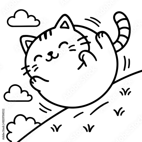 Playful Kitten's Cartoon: The adorable kitten rolling and playing, radiating a mood of lighthearted fun on the grassy hill with clouds.