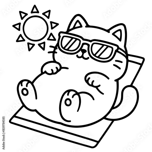 Sunbathing Cat: A cute cat with sunglasses basks in the sun, enjoying a relaxing day in the sunshine.
