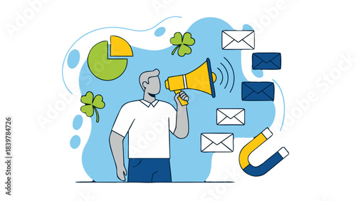 Man Holding Megaphone Announcing Important News With Emails Flying Around And A Magnet Attracting Attention On A Blue Background With Green Shapes