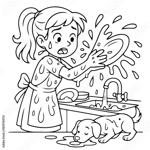 Oops Moment: A cartoon depicts a chaotic kitchen scene where a girl attempts to wash dishes, leading to water splashing everywhere, as a puppy watches, getting wet and drinking from the spilled water.