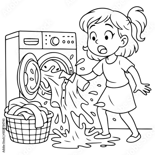 Oops, Laundry Day Disaster: A young girl's laundry day turns chaotic as a washing machine overflows, causing a splashing mess. Capturing the relatable challenges of everyday life.