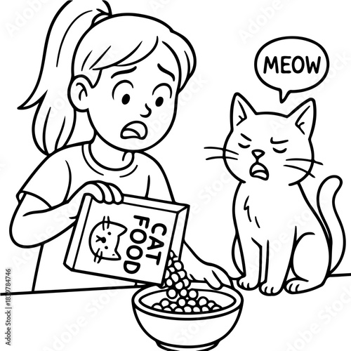 Fussy Cat's Food Dilemma: A girl attempts to appease a dissatisfied feline by pouring cat food into a bowl, but the grumpy cat expresses its displeasure.