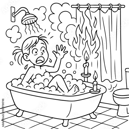 Hot Bath Hazard: A comical illustration depicts a frantic individual caught in a fiery predicament while trying to enjoy a relaxing bath, sparking both humor and a sense of absurdity.