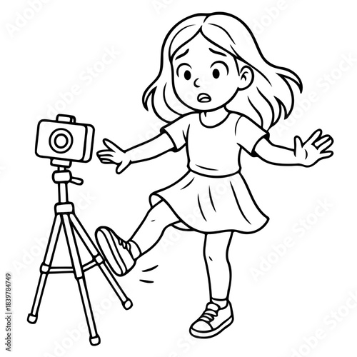 Oops! Incident: A curious young girl accidentally trips over a camera tripod while attempting to capture a special moment. A comical illustration representing a clumsy encounter.