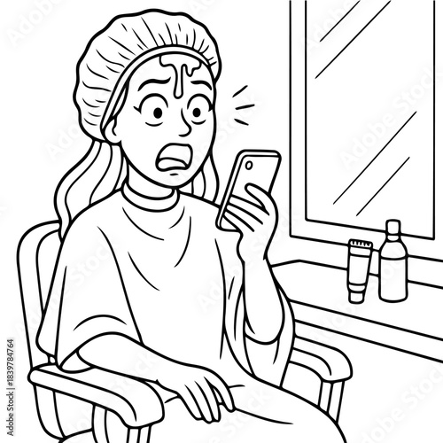 Beauty Treatment Mishap: A woman's shocked expression is caught in a salon as her beauty treatment goes wrong, her hair wrapped in a cap, and clutching a smartphone