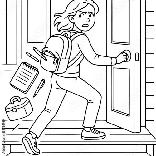 Rush Hour Dash: Anxious student bursts from doorway, her backpack overflowing, a scene of hurried academics and frantic timetables.