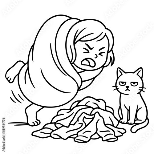 Morning Moods: A comic sketch unveils a disgruntled person wrapped in a blanket, navigating a pile of clothes with an unimpressed cat nearby. A humorous take on everyday struggles.
