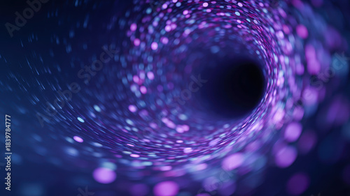 Abstract spiral vortex neon purple blue bokeh glow light motion technology evokes cyberspace where information flows as datum swirling vortex, dreamy glow and smooth motion suggest depth