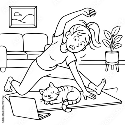 Yoga Practice with Companion: A woman practices yoga at home, guided by her laptop. A tabby cat sleeps peacefully near her. Capturing the serenity and relaxation of home practice.