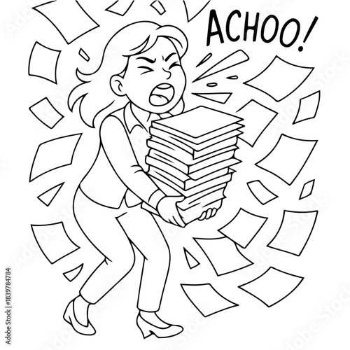 Paper Overload: A woman, overwhelmed by a towering stack of paperwork, sneezes amidst a flurry of documents, conveying the stressful impact of excessive administrative burdens.