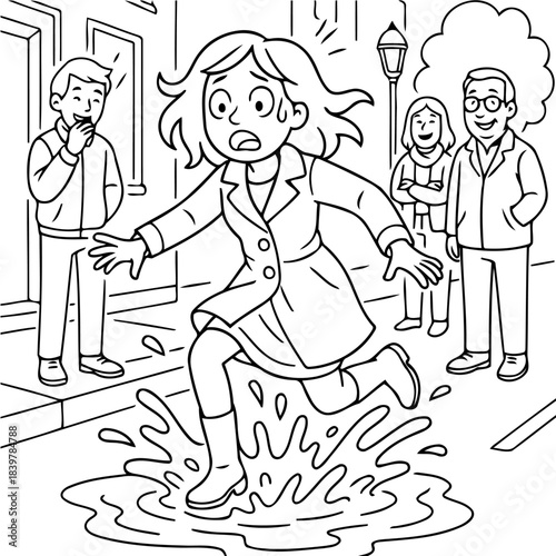 Oops! Puddle Panic: A woman's surprise as she leaps over a puddle in the city, her expression a mix of shock and amusement, with onlookers adding to the comical moment.