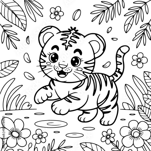 Joyful Tiger Cub: A charming, friendly tiger cub, joyfully bounding through a whimsical garden of flowers and leaves, all captured in delightful illustration.