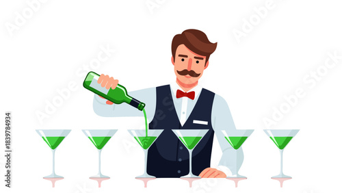 Man In Vest And Bow Tie Pours Green Liquid From Bottle Into Martini Glasses Lined Up On Countertop