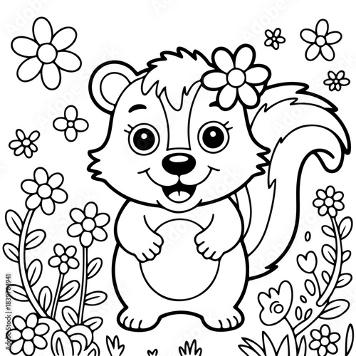 Smiling Skunk and Flowers: A charming skunk with a flower in its hair beams a bright smile while surrounded by an array of flowers, radiating an atmosphere of joy and springtime beauty.