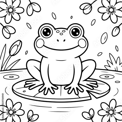 Frog on Lily Pad in Pond: An adorable frog rests peacefully on a lily pad in a tranquil pond, surrounded by lush vegetation and delicate water droplets.