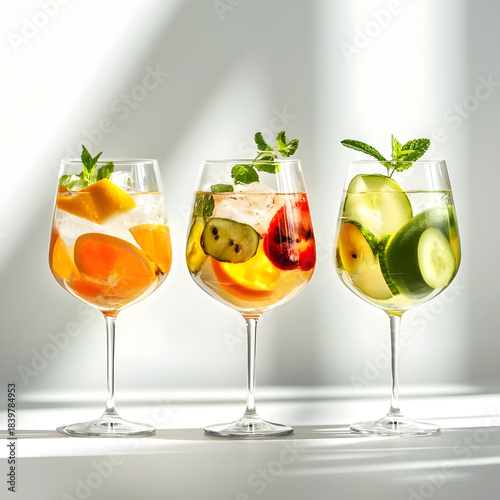 Frosty cocktail glasses filled with colorful summer drinks, garnished with citrus, berries, fruit slices, mint leaves, creating refreshing tropical beverage scene