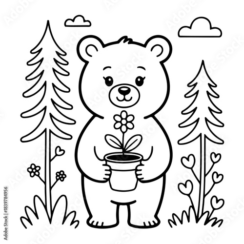Kindly Bear with Flower: A lovable bear tenderly holds a flourishing flower pot. The illustration radiates joy and the simple beauty of nature. 