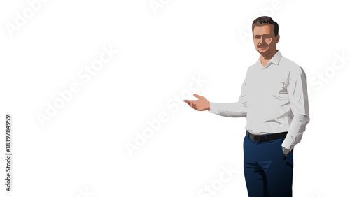 Man in White Collared Shirt and Blue Pants Gesturing and Standing Against Black Background with Slight Smile and Hands in Pockets Illuminated by Natural Light