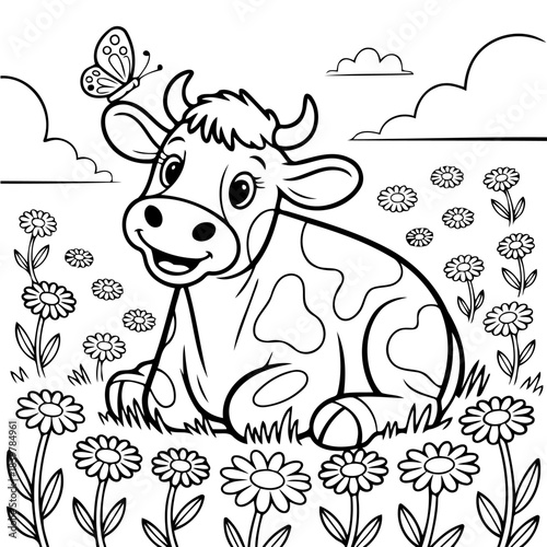 Cow in the Daisy Field: A delightful cartoon cow with a butterfly perched gracefully atop its head, reclines amidst a vibrant field of daisies, enjoying the sunny day and carefree existence.