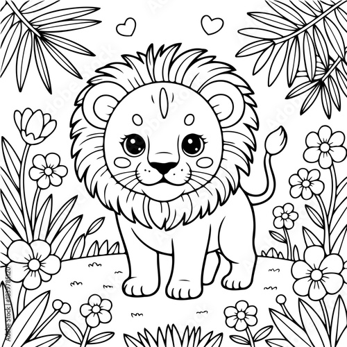 Cute Lion in Garden: An adorable lion cub, radiating charm, finds its place amidst a tranquil garden filled with flowers and greenery, all brought to life in a simple illustration.
