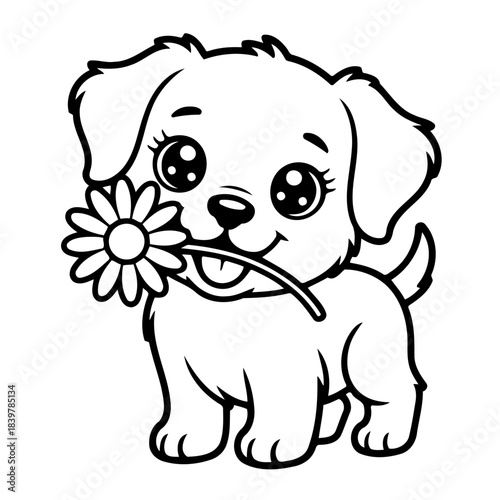 Playful Puppy with Flower: A charming puppy, with big, expressive eyes, holds a delicate flower in its mouth, exuding an aura of innocence and affection. 
