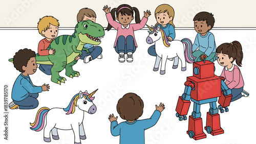 Diverse Children Playing with Dinosaur, Unicorn, and Robot Toys in a Circle, Illustrating Childhood Fun and Imagination