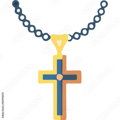 Golden Cross Pendant Necklace With Blue Enamel Inlay Hanging On A Dark Blue Beaded Chain Against A Black Background