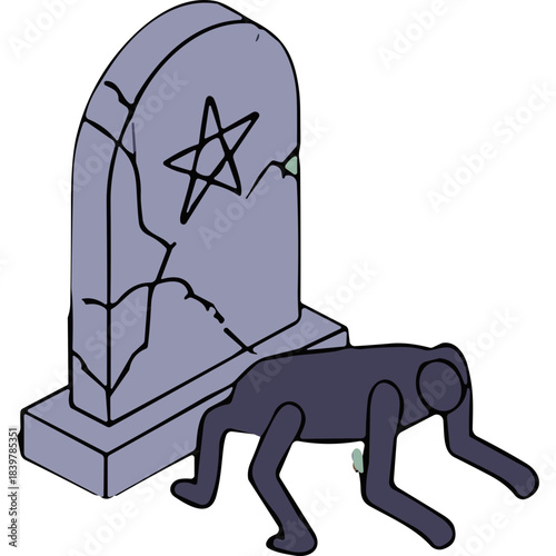 Graveyard Tombstone With Pentagram Symbol And Creature Lying On Ground Spooky Halloween Scene Dark Gothic Art Style