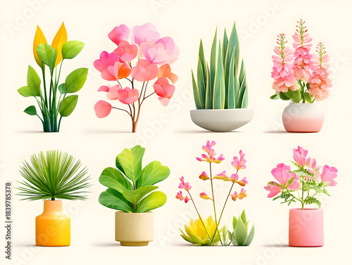 Varied potted greenery displaying distinctive leaves and containers, forming lush indoor botanical collection highlighting natural home decor elements