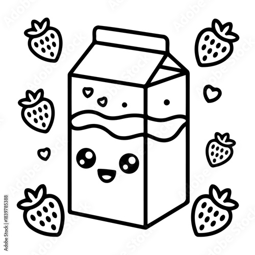 Strawberry Milk Cartoon: A cheerful carton of strawberry milk, embraced by a whimsical collection of hearts and fresh strawberries, exudes joy and healthy fun.