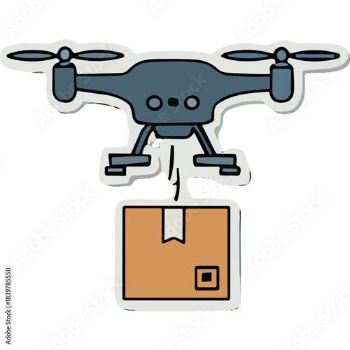 Gray Drone Delivering Brown Cardboard Package with White Tape and Red Stripe on a Black Background with White Border