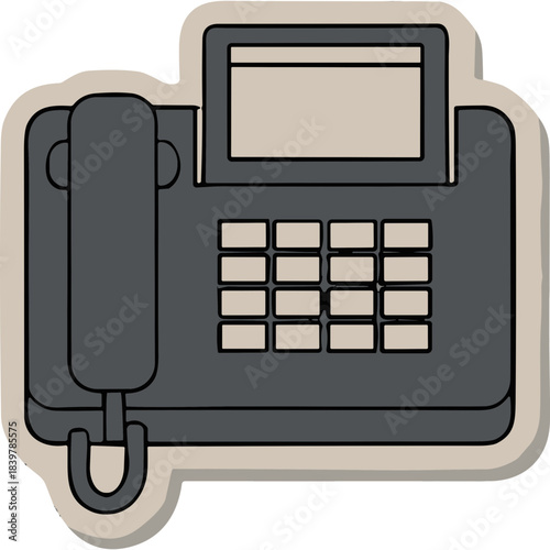 Gray Fax Machine With Paper Output and Telephone Handset on a Beige Background with a Thin Black Outline Style